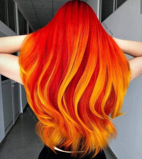 Long red hair with yellow highlights