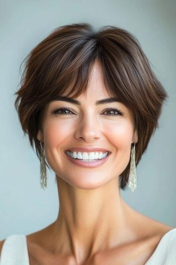 Long Tapered Pixie Haircut on a smiling woman with brown hair.