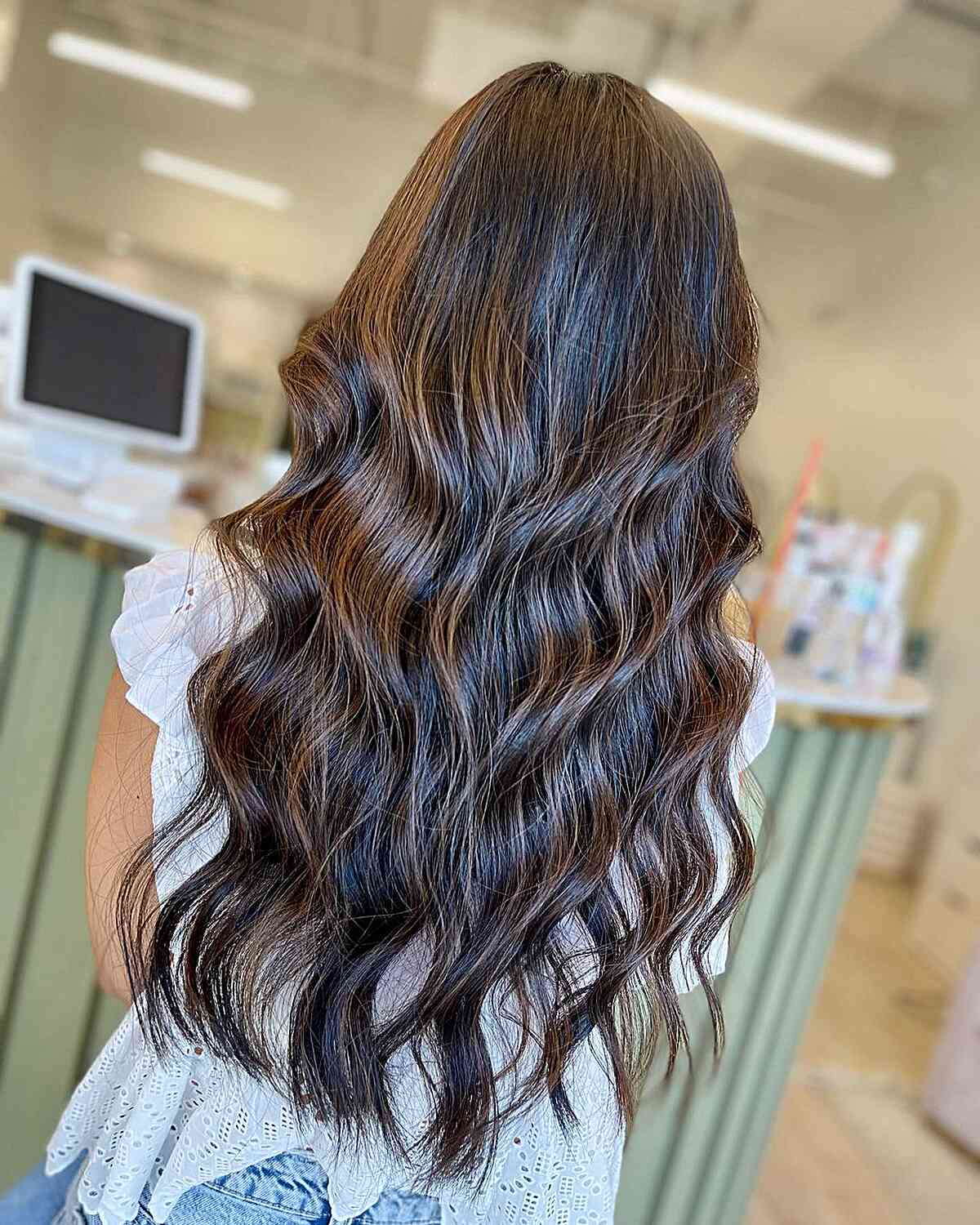 Long Wavy Chocolate Swirls on Dark Balayage Hair