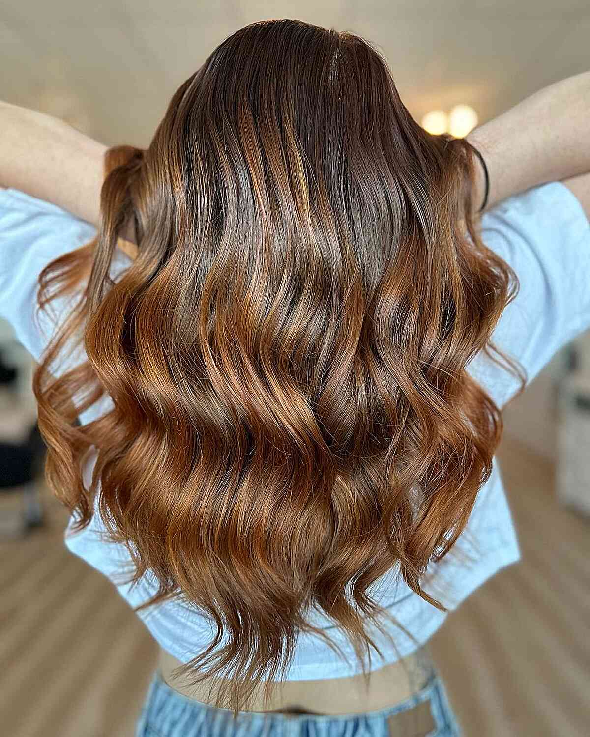 Low-Maintenance Dark Pumpkin Spice Latte on Long Wavy Hair