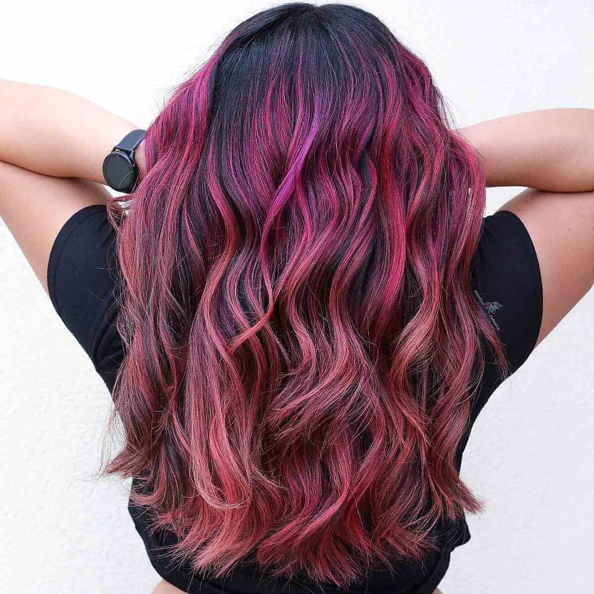 Magenta Red Highlights on Black Hair