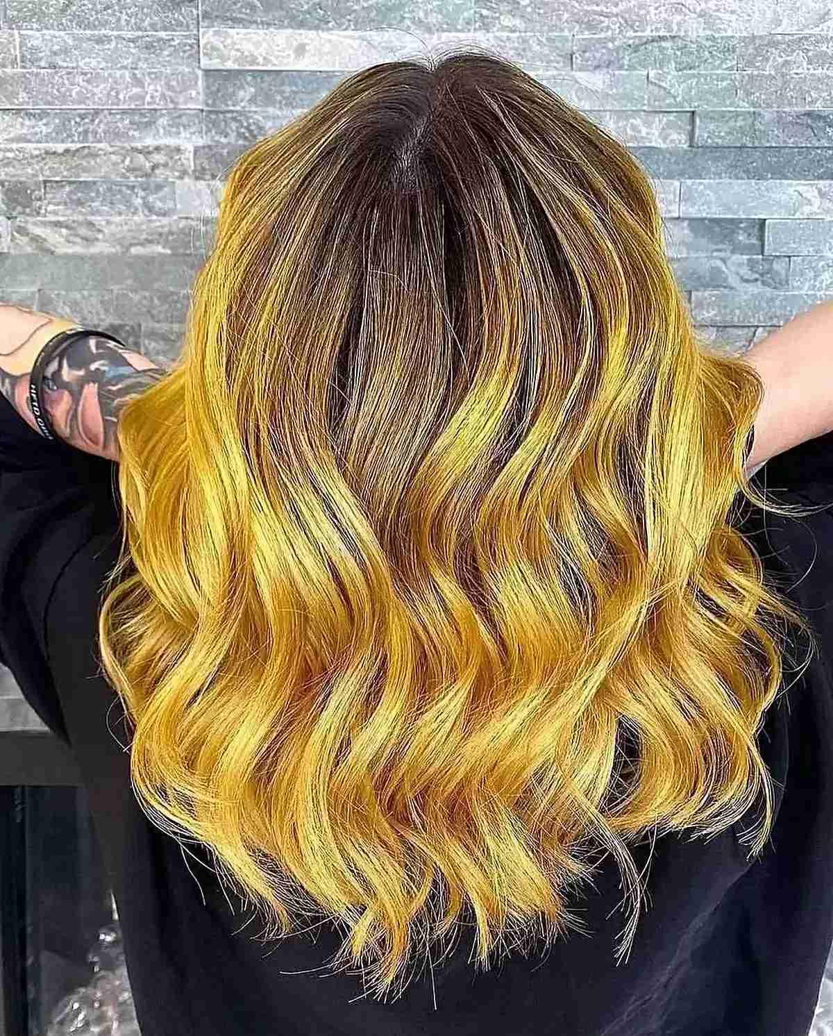 medium-length haircut with mustard yellow balayage