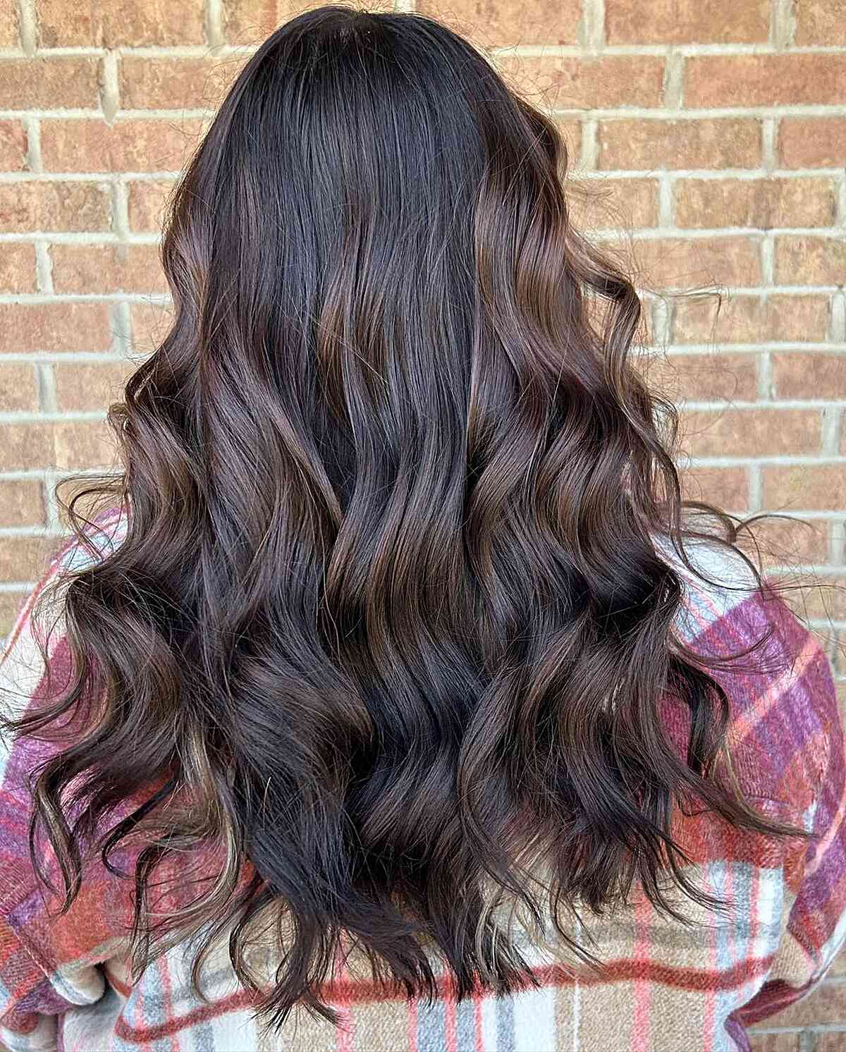 Mid Back-Length Chocolate Brown Balayage with Peek-a-Boo Blonde Highlights