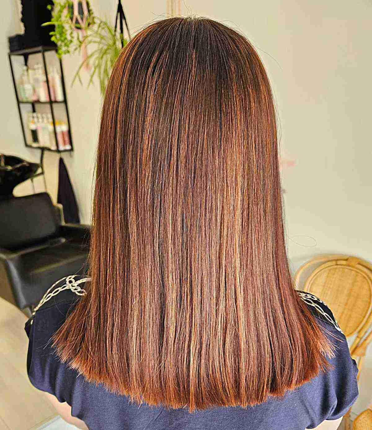 Mid-Length Brunette Pumpkin Spice Hair with Blunt Ends