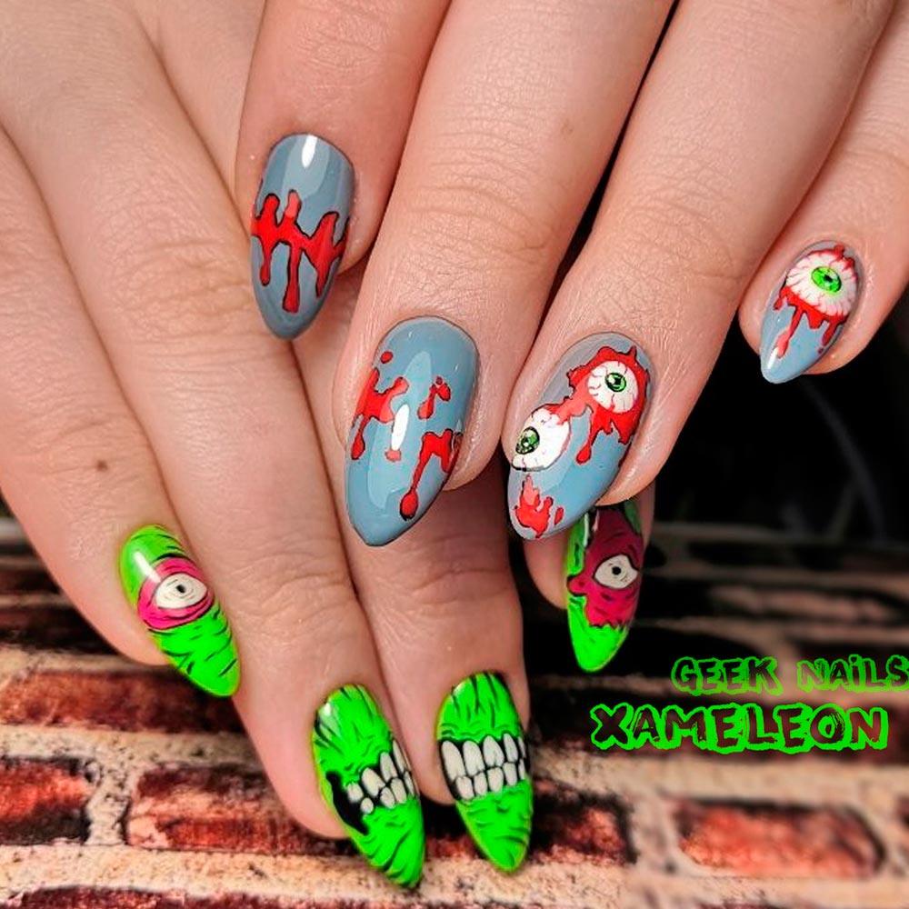 Neon Spooky Eyes Nail Art