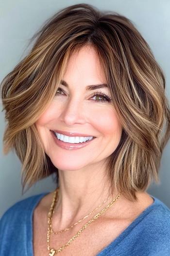 Piecey Choppy Bob with Highlights Hairstyle on a smiling older woman with highlighted brown hair.