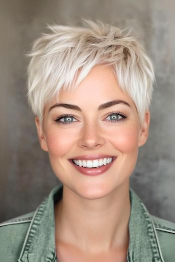 Piecey Platinum Pixie Haircut on a smiling woman with platinum blonde hair.