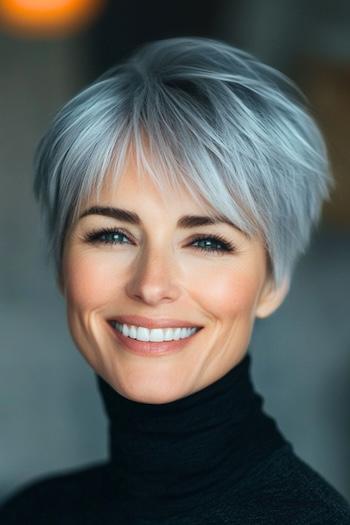 Piecey Silver Pixie Haircut on a smiling woman with cool-toned silver hair.