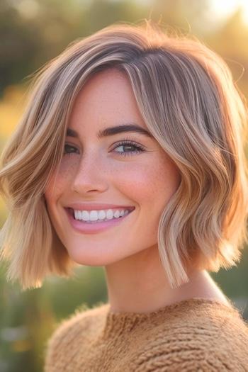 Piecey Wavy Bob Haircut on a smiling young woman with brown hair and blonde highlights.