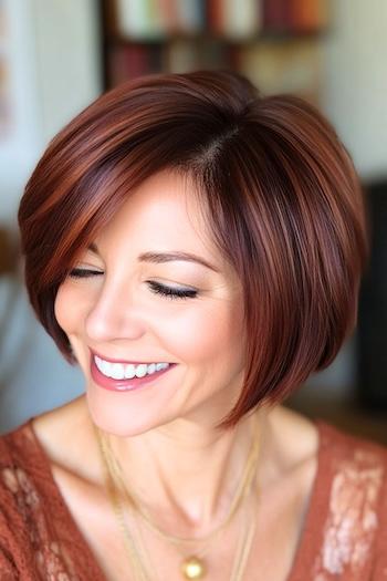 Pixie Bob Haircut on a smiling older woman with auburn hair looking down.