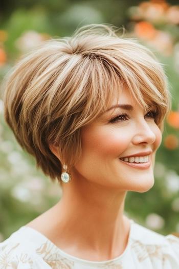 Pixie Bob with Feathered Layers Haircut on a smiling woman with light brown hair.