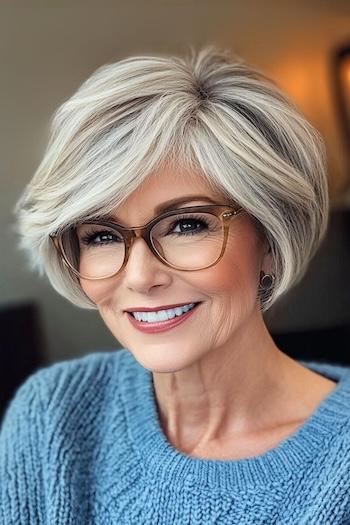 Pixie Bob with Glasses Haircut on a smiling woman with grayish blonde hair and glasses.