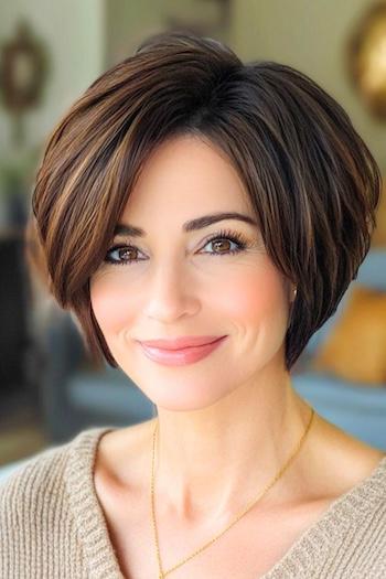 Pixie Bob with Root Volume Haircut on a smiling woman with brown hair.