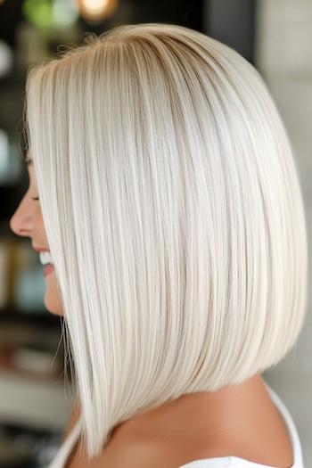 Platinum Blunt Long Bob Haircut on a smiling woman with platinum blonde hair, side view.