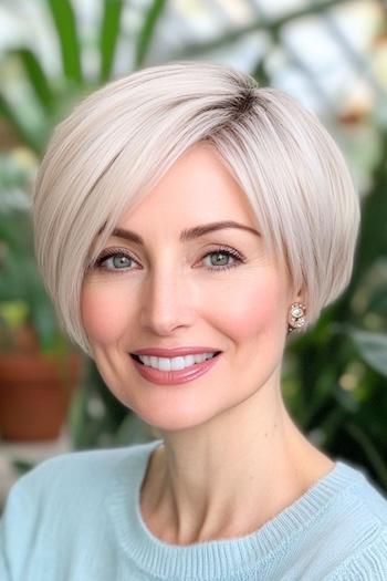 Platinum Pixie Bob Haircut on a smiling woman with light blonde hair and dark roots.