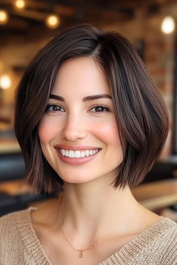 Razor-Cut Bob Haircut on a smiling woman with brown hair.