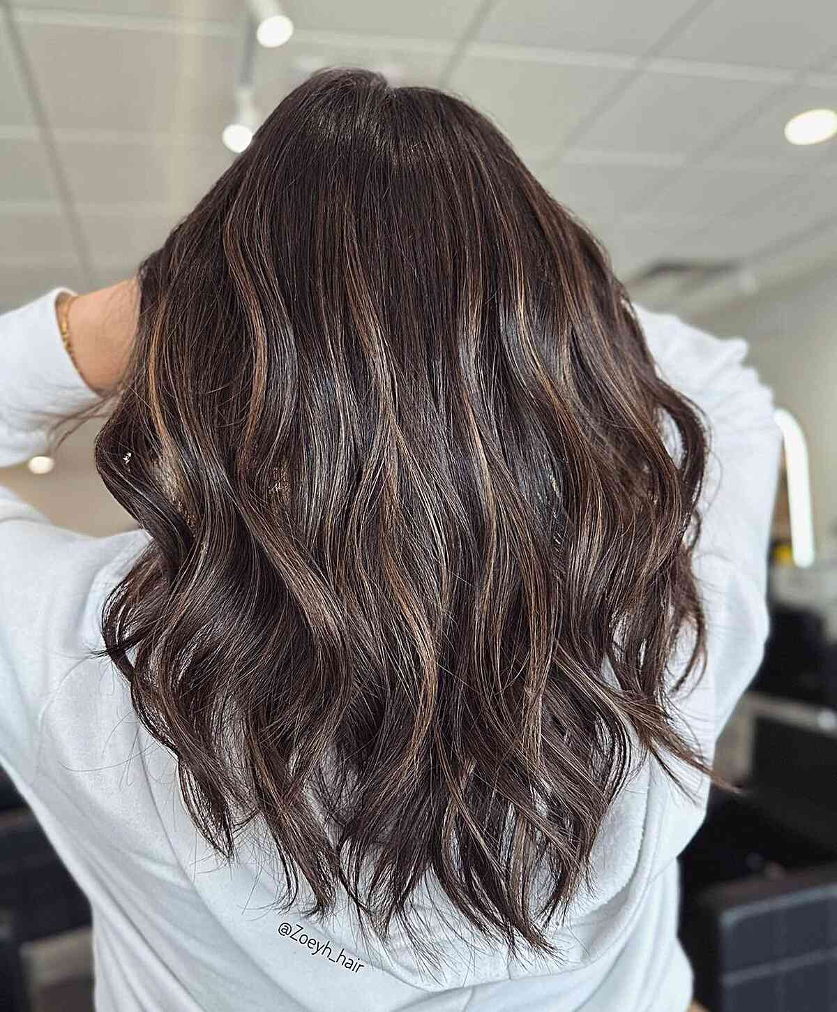 Rich Mocha Ash Brown Balayage with Highlights on Medium V-Cut Hair