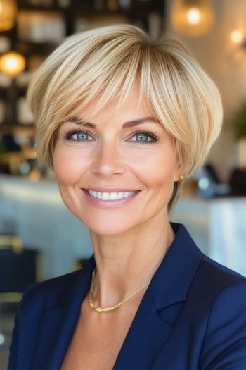 Rounded Pixie Haircut on a smiling woman with blonde hair.