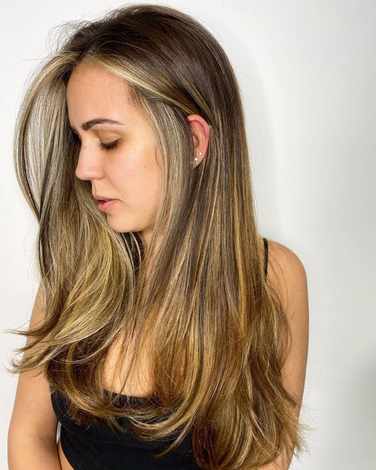 Sandy Golden Blonde Highlights on Dark Brown Hair