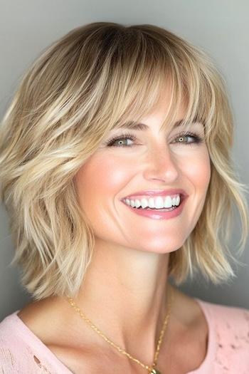 Shaggy Choppy Bob with Bangs Hairstyle on a smiling woman with blonde hair.