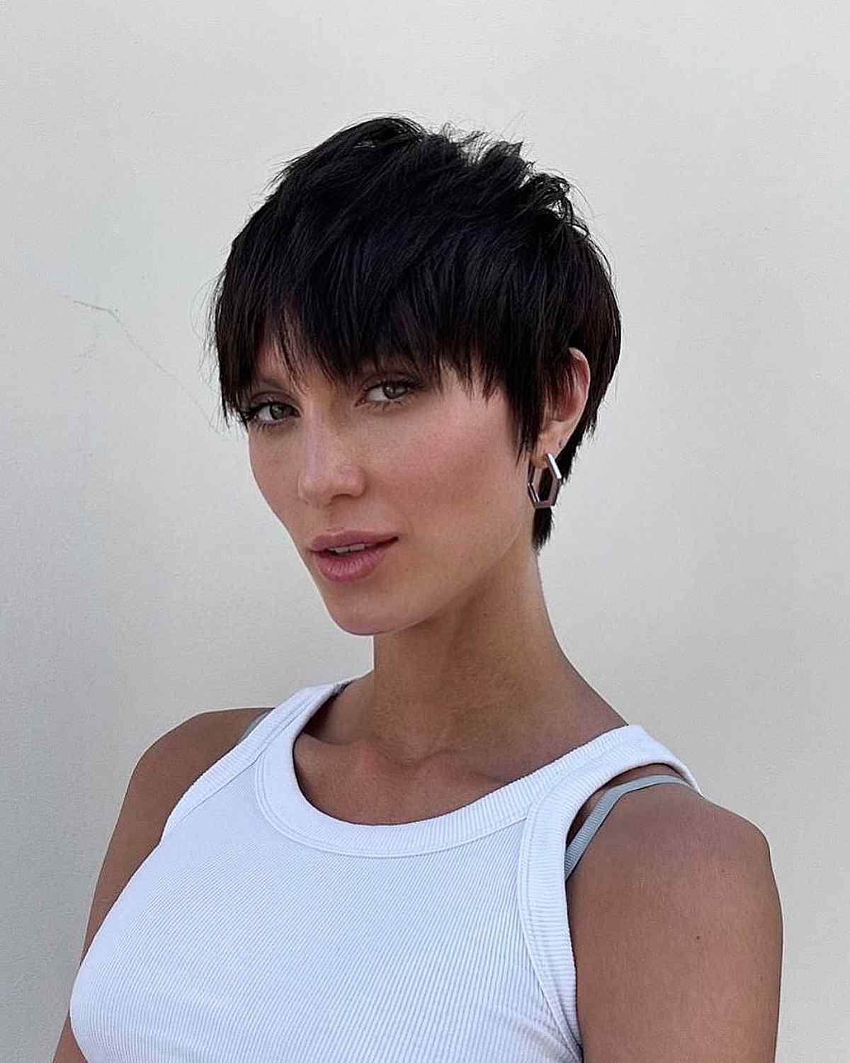 Short Dark Brown Textured Pixie with Fringe