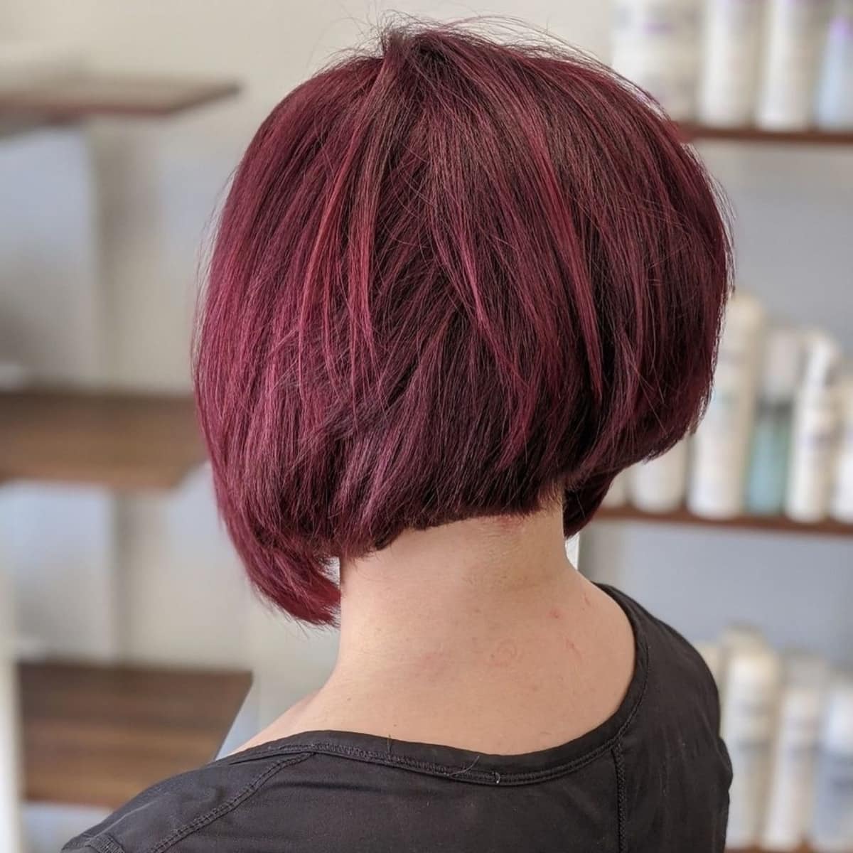 Short maroon-burgundy bob