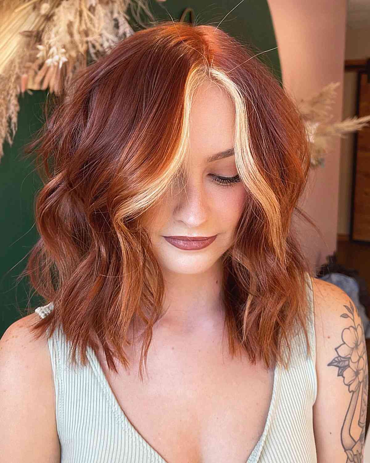 Shoulder-Length Pumpkin Spice Lob with Blonde Money Piece