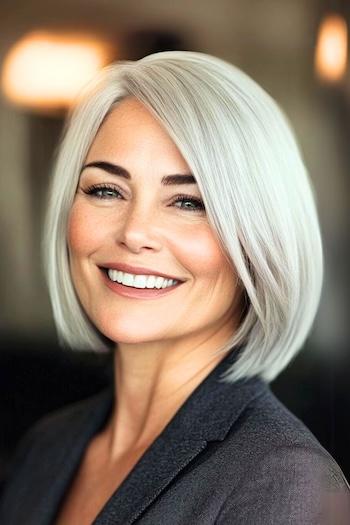 Side-Parted Bob Haircut on a smiling woman with silver hair.