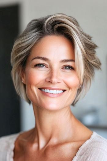 Side-Parted Pixie Bob Haircut on a smiling woman with frosted brown hair.