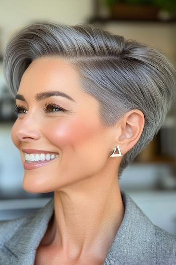 Side-Parted Pixie with Undercut Haircut on a smiling woman with medium gray hair.