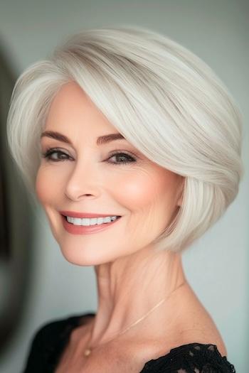 Side-Swept Rounded Bob Haircut on a smiling older woman with silvery white hair.