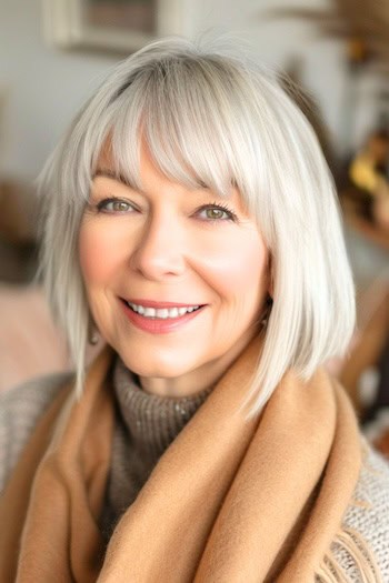 Silver Bob With Bangs Hairstyle on a smiling woman with gray hair.