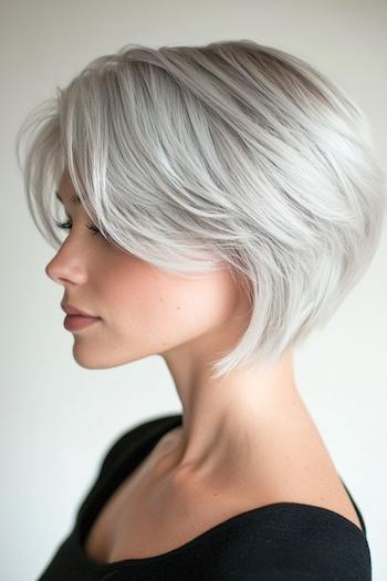 Silver Pixie Bob Haircut on a woman with silver gray hair, side view.