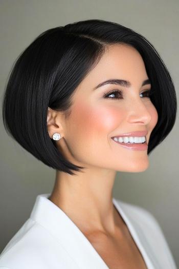 Sleek A-line Bob Haircut on a smiling woman with dark brown-black hair, side view.