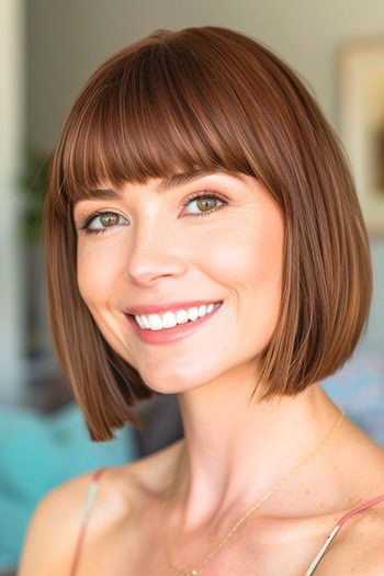 Sleek Bob with Full Bangs Hairstyle on a smiling woman with brown hair.