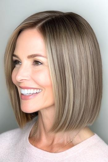 Sleek Shiny Long Blunt Bob Haircut on a smiling older woman with brown hair, side view.