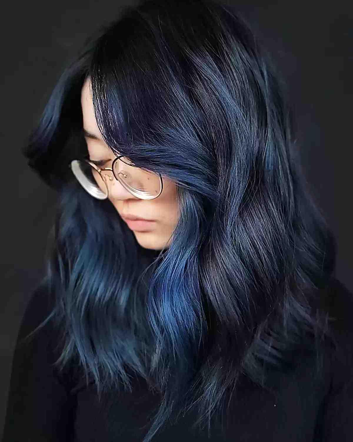 Soft Metallic Blue Money Piece Balayage for Dark Hair with Medium Cut