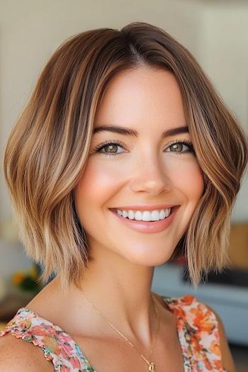 Soft Wavy Blunt Bob Haircut on a smiling woman with brown hair and highlights.