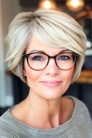 Softly Layered Pixie Bob Haircut on a smiling woman with blonde hair and glasses.