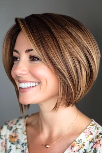 Stacked Bob Haircut on a smiling woman with brown hair, side view.