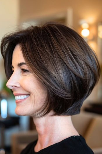 Stacked Bob Hairstyle on a smiling woman with dark brown hair, side view.