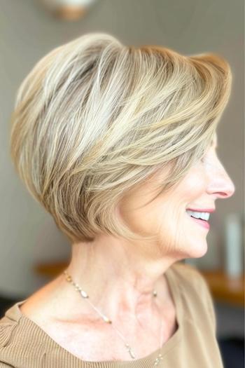 Stacked Pixie Bob Haircut on a smiling woman with blonde hair, side view.