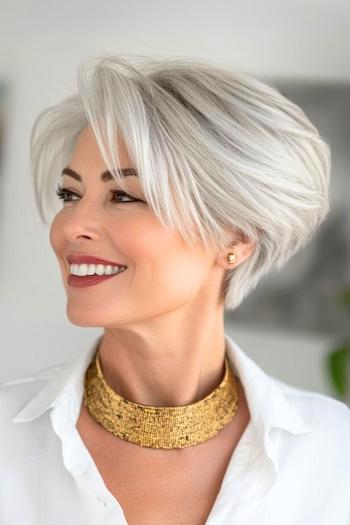 Stacked Pixie Bob with Face-Framing Layers Haircut on a smiling woman with a silver hair color, side view.