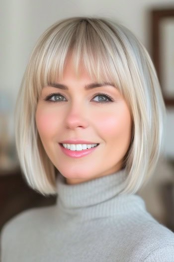 Straight Blonde Bob with Bangs Hairstyle on a smiling woman with light blonde hair.