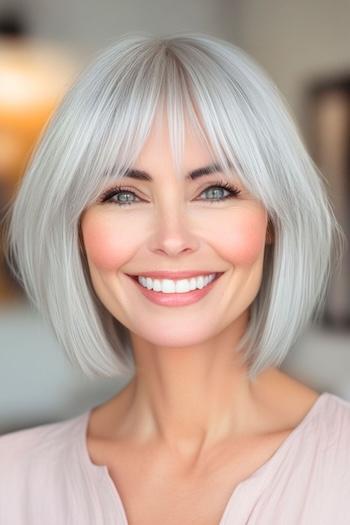 Tapered Bob with Bangs Haircut on a smiling woman with gray hair.