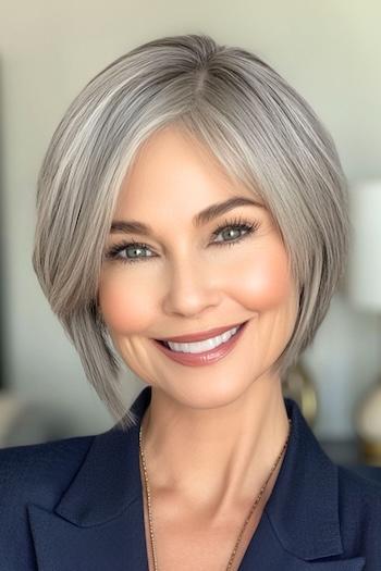 Tapered Pixie Bob Haircut on a smiling woman with gray hair.