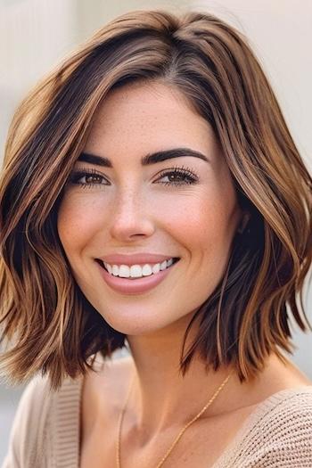 Textured Blunt Bob with Caramel Highlights Haircut on a smiling woman with brown hair.