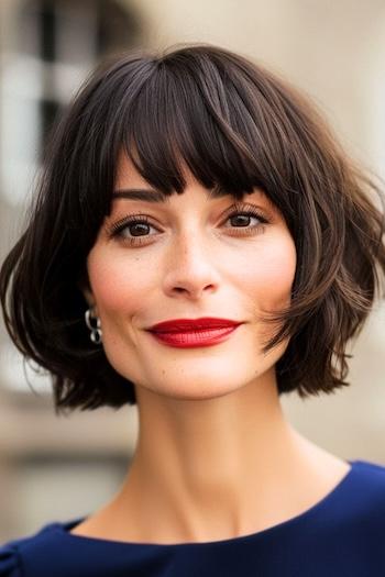 Tousled Blunt Bob with Bangs Haircut on a smiling woman with brown hair.