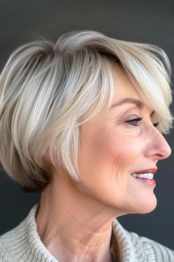 Tousled Platinum Pixie Bob Haircut on a smiling woman with blonde hair, side view.