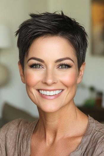 Ultra Short Pixie Haircut on a smiling woman with brown hair.